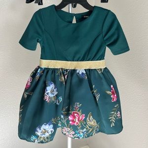 Zunie Girls Green Floral Bottom Short Sleeve Gold Accented Belt Dress 3t